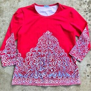 J. J McLaughlin Top Signature Tee Catalina Cloth Red Blue Damask Printed M